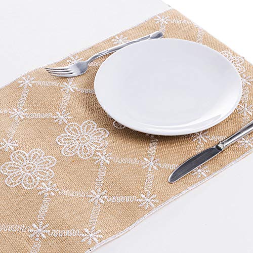 Product Cover Feminen Textile Burlap Table Runner Elegant & Classy Floral Pattern | Natural Luxury Material 50 yarnsx10 cm | Rustic Wedding, Dining Décor - White Embroidered- 12-inch x 75-inch