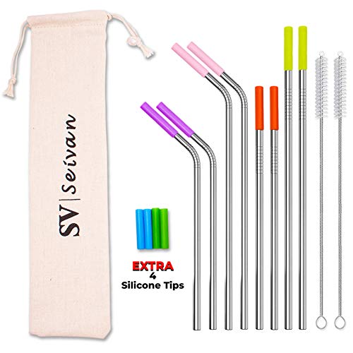Product Cover SEIVAN STRAWS Set of 8 Stainless Steel Reusable Metal Straws with Silicone Tip - Metal Drinking Straws for 30oz 20oz Yeti RTIC Tumbler - 8 Steel Straws, 12 Silicone Tips, 2 Straw Cleaning Brush, Pouch