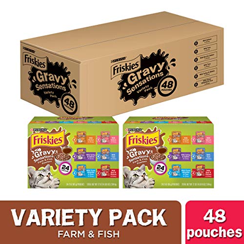 Product Cover Purina Friskies Gravy Wet Cat Food Variety Pack, Gravy Sensations Farm & Fish Pouches - (2 Packs of 24) 3 oz. Pouches