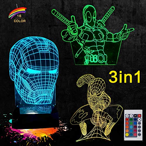 Product Cover 3 in 1-3D Night Light for Boys,3 Pattern Design(Iron Man Spider Man Deadpool)- 7Colors-3D Illusion Lamp with Remote Control,Best Birthday Gifts for Boys Girls Baby(Avengers 3 in1)