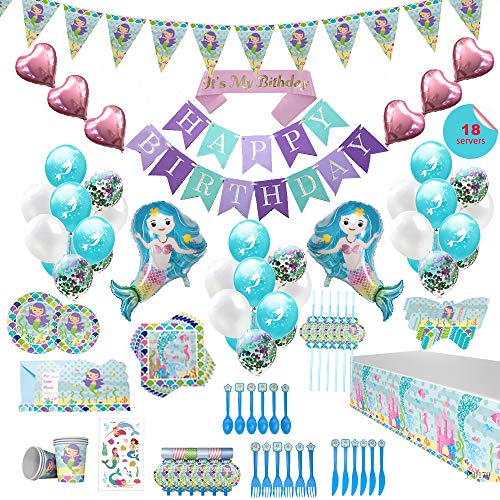 Product Cover Mermaid-Theme Birthday Party Supply Pack, 258 PCS - 18 Serves, Invites | Tableware | Decor | Favors | Balloons | Tattoos | More