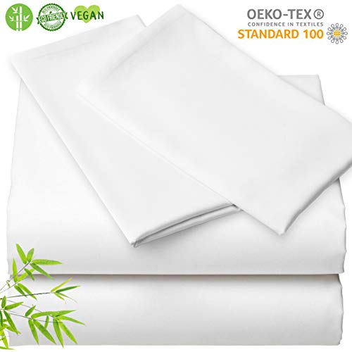 Product Cover Bamboo Sheet Set - Organic Lyocell 4pc Set Queen, White, Ultra Soft Luxury Sheets Like Sleeping on a Cloud Sateen Weave, Cooling Bed Sheets, 1 Fitted Sheet Deep Pocket, 1 Flat, 2 Zippered Pillowcase