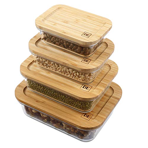 Product Cover DE Plastic-Free Glass Food Containers, Glass Food Storage Containers with Eco-Friendly Bamboo Lids, Glass Meal Prep Containers, Glass Bento, Lunch Containers (Set of 4: 370ML, 640ML, 1040ML, 1520ML)
