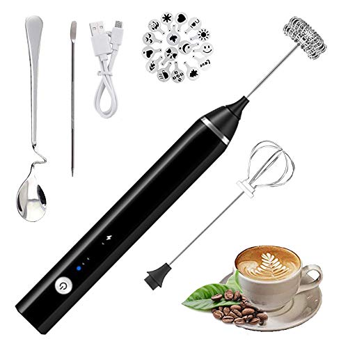 Product Cover Happlee Milk Frother Handheld, Electric Coffee Frother, USB Rechargeable 3 Speeds Foam Maker with 2 Whisks, Coffee Spoon, Coffee Art Stencils and Needle for Cappuccino, Latte, Cream, Hot Chocolates