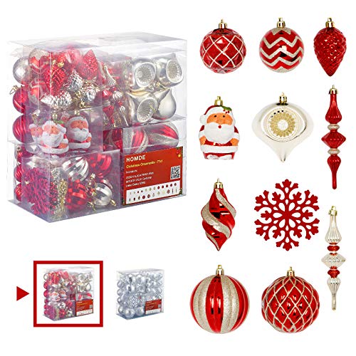 Product Cover Homde Christmas Balls Ornaments 77ct Includes Santa Claus Snowflakes for Xmas Tree Shatterproof Christmas Tree Decorations with Hanging Rope (Red & Gold) 
