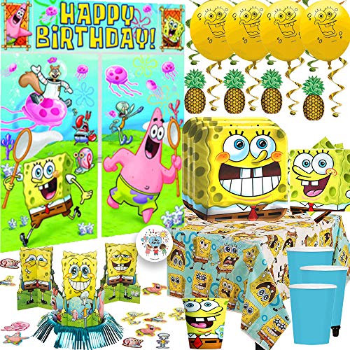 Product Cover MEGA Spongebob Squarepants Birthday Party Supplies and Decorations Pack For 16 With Plates, Napkins, Cups, Tablecover, Balloons, Table Deco Kit, Scene Setter, Pineapple Swirls, and Pin