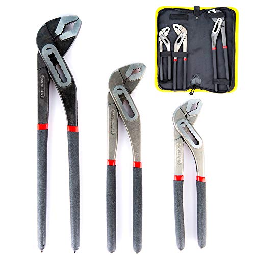 Product Cover Fstop Labs 3 Pack Set Adjustable Alligator Water Pump Pipe Pliers Set, Groove Joint Pliers Set, 8-Inch, 10-Inch and 12-Inch Pliers Quick-Release Plumbing Pliers Straight Jaw with Storage Bag