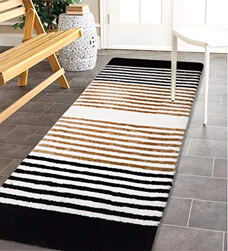 Product Cover The Home Talk Modern Stripes Microfibre Polyester Shaggy Bedside Runner, Soft Rug for Bedroom Living Room Kitchen- 50x150 cm (Black White)