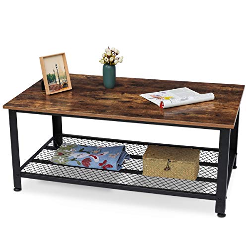 Product Cover KingSo Industrial Coffee Table with Storage Shelf, Wood Look Accent Furniture with Metal Frame, Easy Assembly, Rustic Brown