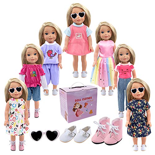 Product Cover YIQIHAI 13pcs 14 Inches and 14.5 Inches Dolls Outfits Set, 7 Sets of Doll Clothes and 2 Pairs of Shoes Doll Accessories Sunglasses Pink Purple Theme for Birthday Gifts to Kids