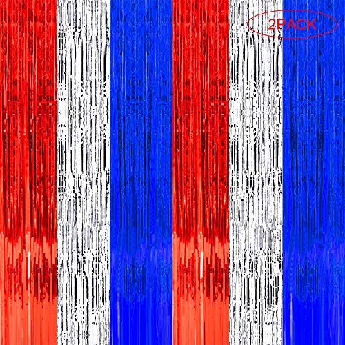 Product Cover Jblcc 2PCS Fourth of July Patriotic Metallic Tinsel Foil Fringe Curtains - 4th of July Red White Blue Party Supplies Decorations for Independence Day