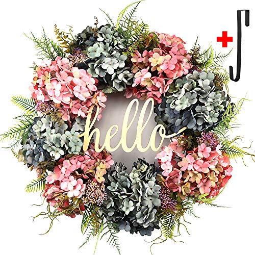 Product Cover Hydrangea wreaths for front door,Outdoor summer wreaths for front door,Fall spring handmade Hello Wreath for Front Door,Farmhouse Wreath ,Rustic Wreath,Grapevine Wreath,Window Decoration (20 inches)