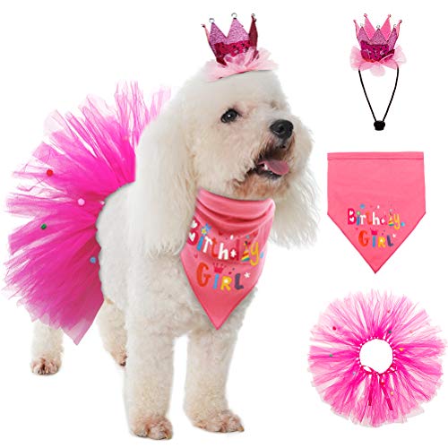 Product Cover SCENEREAL Dog Birthday Bandana Girl - Birthday Party Supplies -Tutu Skirt,Hat & Scarf Set for Pet Puppy Cat Girl,Pink Outfit for Birthday Party