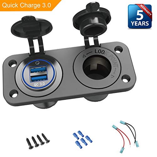 Product Cover Quick Charge 3.0 Cigarette Lighter Outlet Splitter, 12V USB Charger Waterproof Power Socket Adapter DIY Kit with Blue LED Dual USB Ports for Rocker Switch Panel on Car Boat Marine RV, etc