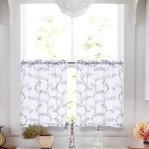 Product Cover Vangao Embroidered Tier Curtains for Kitchen Grey Leaf Floral Sheer Curtains，Rod Pocket Voile, Set 36