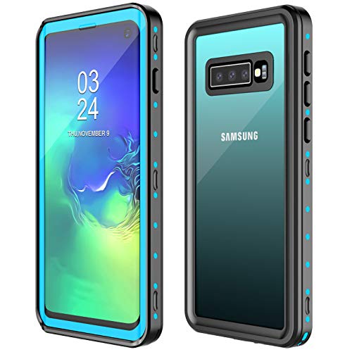 Product Cover Potalux Samsung Galaxy S10 Waterproof Case, S10 Case Built in Screen Protector 360° Full Body Protective Shockproof Dirtproof IP68 Underwater Waterproof Case for Samsung S10 6.1inch (Blue/Clear Back)
