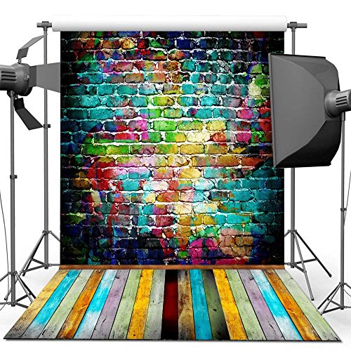 Product Cover econious Photo Backdrop, 5x7ft Colorful Brick Wall Wood Floor Backdrop for Photography, Resistant Fleece-Like Cloth Fabric, with Rod Pocket (Backdrop Only)