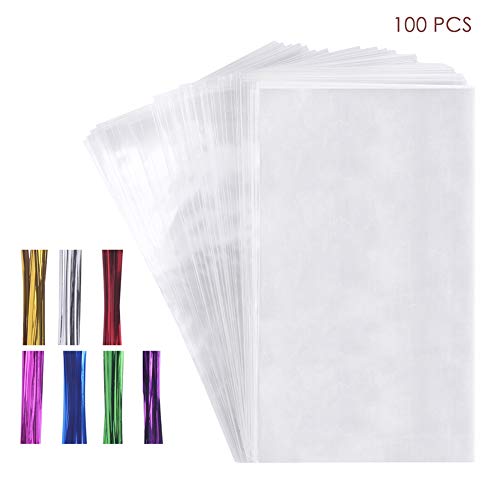 Product Cover 100 Cello Cellophane Treat Bags(1.8mil.),7X12in Big OPP Clear Plastic Bags for Bakery,Popcorn,Cookies, Candies,Dessert with 7 Colors Twist Ties!
