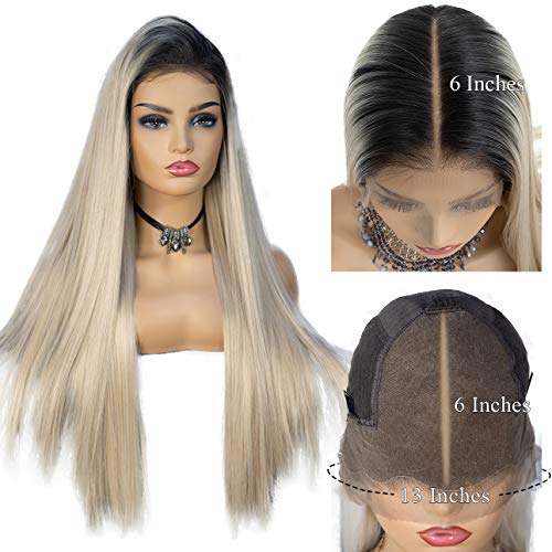Product Cover K'ryssma 13x6 Ombre Blonde Lace Front Wig Deep Free Parting Long Silk Straight Synthetic Wig for Women Natural Hairline Dark Roots Blonde Ombre Wig 22 inches