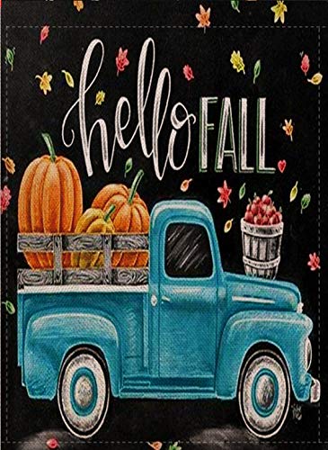 Product Cover Selmad Hello Fall Garden Flag Pumpkin Farm Truck Double Sided Quote, Small Burlap Decorative House Yard Decoration, Autumn Leaves Harvest Farmhouse Country Seasonal Home Outdoor Vintage Décor 12 x 18
