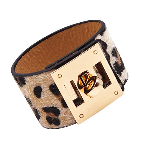 Product Cover Wide Cuff Leopard Print Leather Wrap Bracelet Unisex 23cm 9 inch Length (Nude Cream)