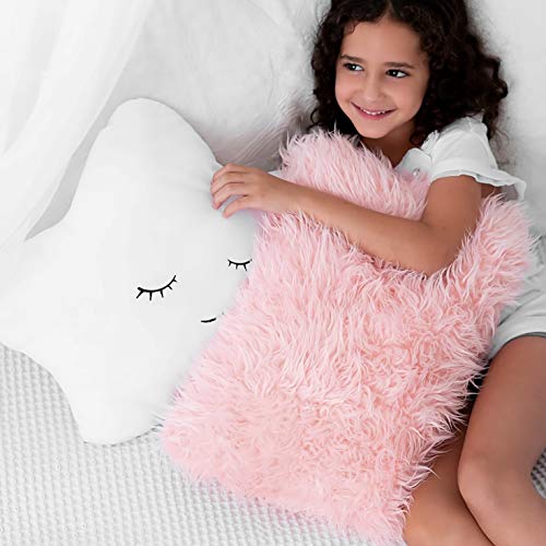 Product Cover Set of 2 Decorative Throw Pillows for Baby Girls, Kids. Star Furry White w/ Cute Embroidered Sleeping Face and Fluffy Pink Faux Fur, Soft and Plush - For Crib - Nursery Toddler or Teen Bedroom Décor