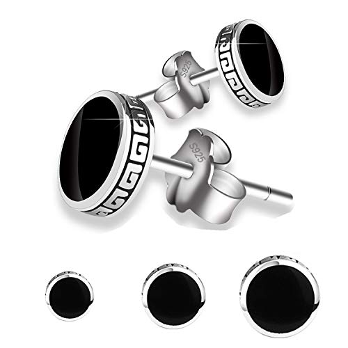 Product Cover KWUNCCI Black Round Stud Earrings Platinum Plated Piercing for Men Women, 6mm, 8mm (D: 3 Pairs(6/8 / 10mm))