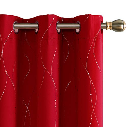 Product Cover Deconovo Blackout Curtains Wave Line with Dots Foil Print Design Grommet Top Window Curtains for Bedroom 42 x 84 Inch Red 2 Panels