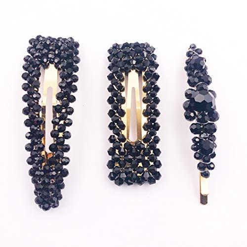Product Cover Crystal Hair Barrettes Fashion Geometric Snap Rhinestone Hair Clips for Women and Ladies Hair Accessories (Black / 3 Pcs)