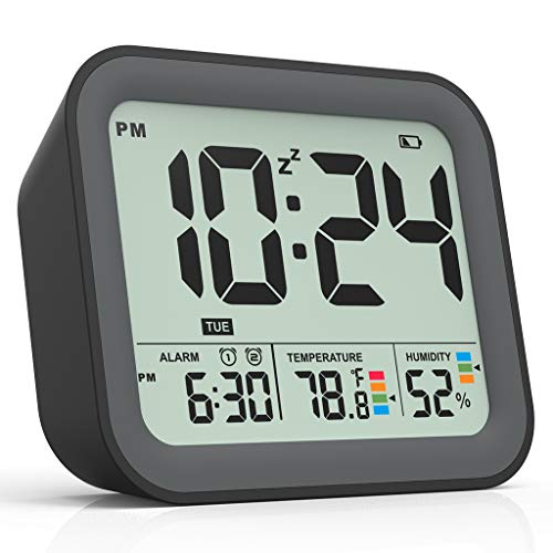Product Cover Battery Operated Digital Alarm Clock, Dual Smart Alarm with Workdays/Weekends Setting, Loud Alarm, Snooze, Small Travel Clock with Indoor Thermometer/Hygrometer, Dimmable LED Backlight, Handheld Size
