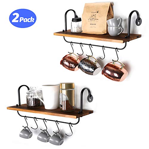 Product Cover Olakee Wall Shelves with 10 Adjustable Hooks for Mugs Cooking Utensils or Towel at Kitchen Bathroom Coffee Nook Set of 2