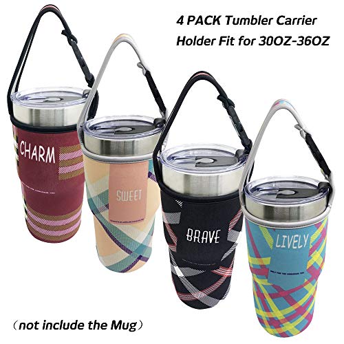 Product Cover 4 PACK Tumbler Carrier Holder Pouch,For All 30oz Stainless Steel Travel Insulated Coffee Mugs,Sonku Neoprene Sleeve with carrying handle,Sweat Free,Portable,Protective,Washable -4 Colors