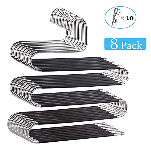 Product Cover Benavvy 8 Pack Pants Hangers S-Type, Stainless Steel Pant Hangers, for Closet Organization with Multi-Purpose, Jeans, Slacks, Towels, Scarfs, Ties, Space Saving Storage (Black)