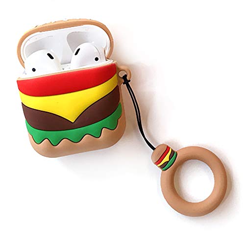 Product Cover Food Airpods Case Keychain, Morenitor 3D Creative Cute Cartoon Silicone Shockproof Protective Cover and Skin with Finger Loop for Apple Airpods 1 2 Charging Case (Burger)