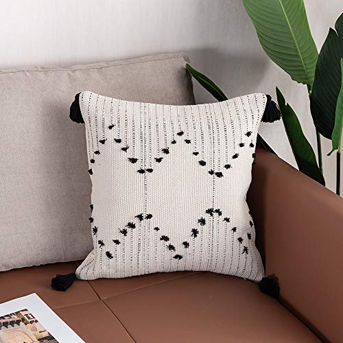 Product Cover OJIA Black and White Lumbar Pillow Cover Neutral Decorative Collection Throw Accent Woven Cotton Tassel Pillow Case for Home, Party, Car, Office and Farmhouse (18 x 18 Inch, Tribal Geometric)