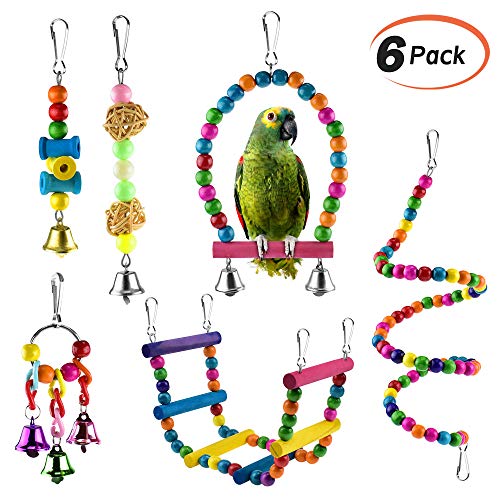 Product Cover KATUMO 6 pcs Bird Parrot Toys, Bird Swing Toy Colorful Chewing Hanging Hammock Swing Bell Pet Climbing Ladders Toys Bird Toys for Parrots, Parakeet, Conure, Cockatiel, Mynah, Love Birds