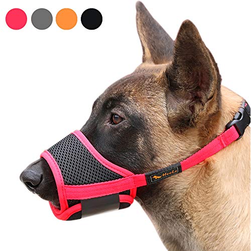 Product Cover Heele Dog Muzzle Nylon Soft Muzzle Anti-Biting Barking Secure，Mesh Breathable Pets Mouth Cover for Small Medium Large Dogs 4 Colors 4 Sizes (M, Red)