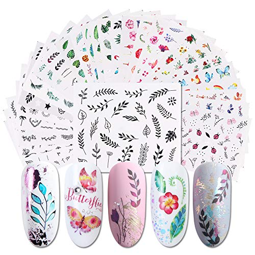 Product Cover iFancer Nail Stickers Water Transfer Nail Art Decals for Women Girl Fingernail Toenail Tattoo Decoration Nature Plants Leaf Car Rainbow Sailboat Pattern Nail Art Supplies (Fresh Plants Series)