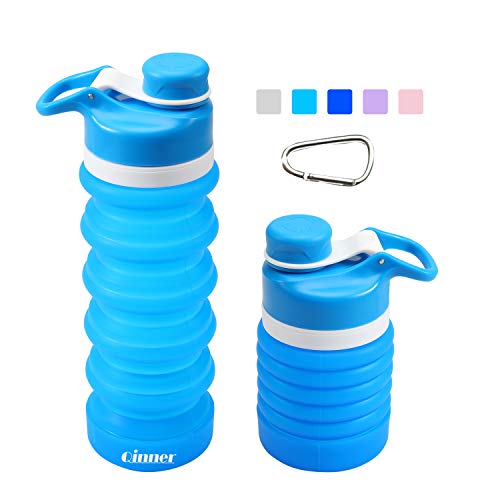 Product Cover Qinner Collapsible Water Bottle Foldable Reusable Food-Grade Silicone FDA Approved, BPA Free, Leak Proof Portable Travel &SportsWater Bottle with Carabiner, 19oz (Sky Blue)