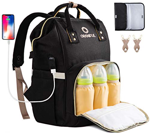 Product Cover ORANIFUL Diaper Bag Backpack for Mom Waterproof Baby Nappy Bags Insulated Bottle Pockets Large Multi-Functional Travel Back Pack Built-in USB Charging Port with Changing Pad & Stroller Straps (Black)