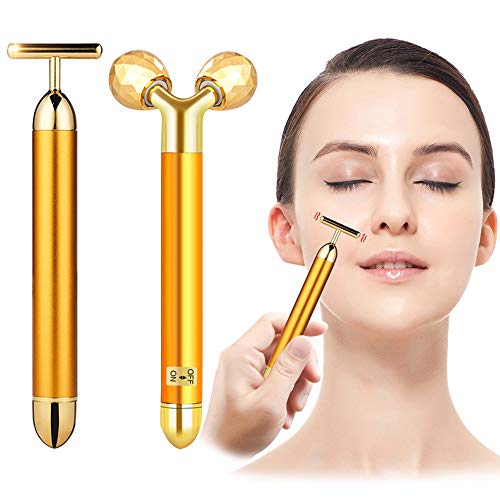 Product Cover 2-IN-1 Beauty Bar 24k Golden Pulse Facial Face Massager, Electric 3D Roller and T-Shape Face Roller Massage Kit Forehead Cheek Neck Arm Eye Nose Massager for Skin Face Pull Tight Firming Lift
