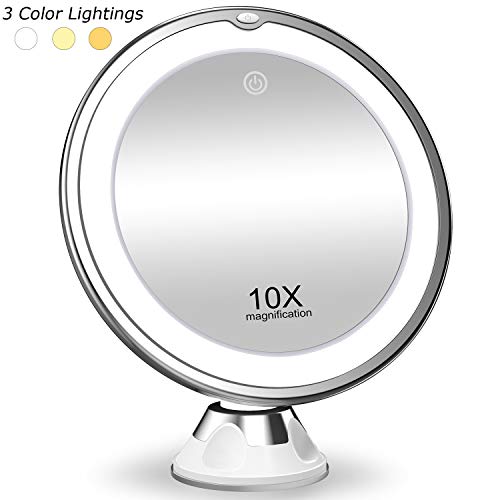 Product Cover KOOLORBS 2020 New Version 10X Magnifying Makeup Mirror with Lights, 3 Color Lighting, Intelligent Switch, 360 Degree Rotation, Powerful Suction Cup, Portable, Good for Tabletop, Bathroom, Traveling