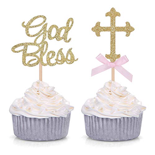Product Cover 24 Counts Glitter God Bless and Cross Cupcake Toppers for Baptism Christening Party Decorations with Pink Bows - Gold