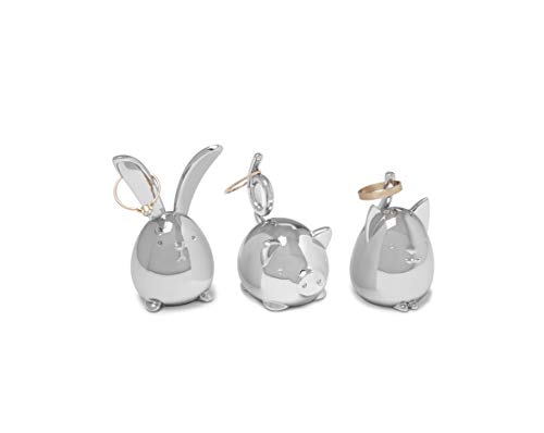 Product Cover Umbra Squiggy Set of 3 Animal Holder-Rabbit, Cat, Pig - Fun and Affordable Gift, for Keeping Rings Safe and Accessible, Chrome Finish