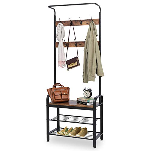 Product Cover KINGSO Industrial Coat Rack, Hall Tree Entryway Coat Shoe Rack 3-Tier Shoe Bench 7 Hooks, Wood Look Accent Furniture with Stable Metal Frame Easy Assembly