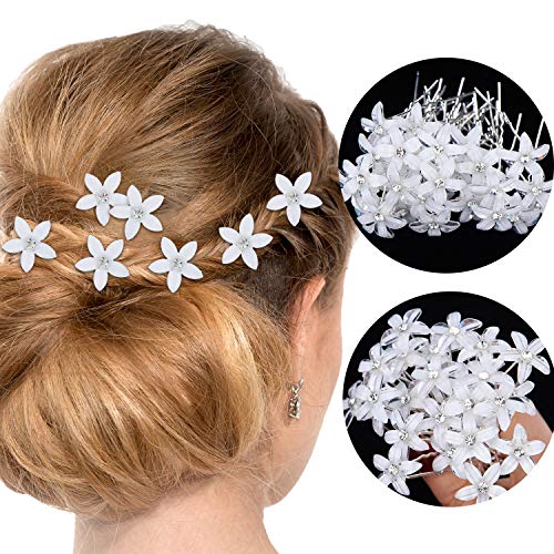 Product Cover 60 Pieces Bridal Wedding Hair Pins Floral Rhinestone U-shaped Hair Clips Crystal Flower Hair Pins for Wedding Party Favors (Jasmine Style)