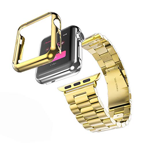 Product Cover Huanlong Compatible with Apple Watch Band Series 1/2/3/4, Stainless Steel Strap Band w/Adapter+Case Cover Compatible for iWatch 38/40/42/44mm (H Gold 44mm)