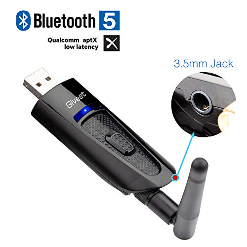 Product Cover Giveet Portable USB Bluetooth Audio Transmitter Adapter Dongle for PC Desktop Laptop Mac, with 3.5mm Aux, Voice Chat, Skype Calls, Dual Link aptX Low Latency, Plug and Play, Support All Windows 10 8 7