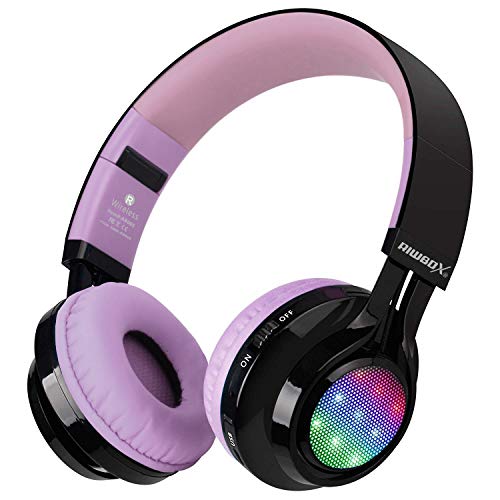 Product Cover Bluetooth Headset, Riwbox AB005 Wireless Headphones 5.0 with Microphone Foldable Headphones with TF Card FM Radio and LED Light for Cellphones and All Bluetooth Enabled Devices (Black&Purple)