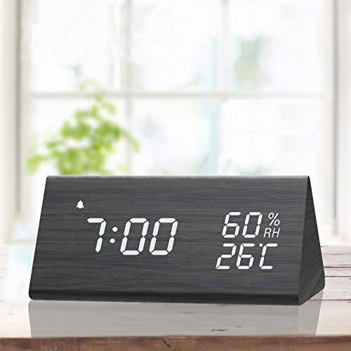 Product Cover Digital Alarm Clock, with Wooden Electronic LED Time Display, 3 Alarm Settings, Humidity & Temperature Detect, Wood Made Electric Clocks for Bedroom, Bedside, Black